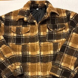 Zaful XL Men's Checkered Brown Shacket Shirt Jacket Fuzzy Sherpa Fluffy